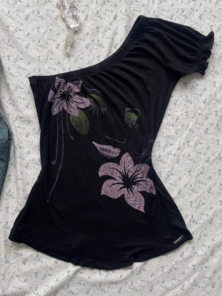 BXOXO Vintage Punk Sexy T Shirt Women Clothes 90S Summer Flower Off Shoulder Gothic Casual Slim Tees Girl Crop Femme T shirts Y2k Tops