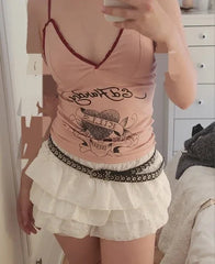 BXOXO Kawaii Crop Top Camis Women Clothes Lace Sexy Slim Pink Cute 2000s Top Sling Grunge Coquette Femme Punk Tank Top Y2k Clothing
