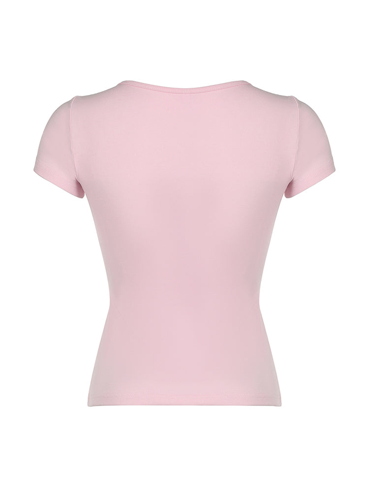BXOXO - summer inspo Japanese Kawaii Contrast Lace Tie Bow Square Collar Slim Short Sleeve Black T Shirt Women Pink Sweet Balletcore Cute Tees