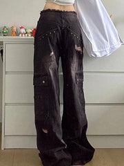 Vintage Distressed Studded Ripped Cargo Jeans
