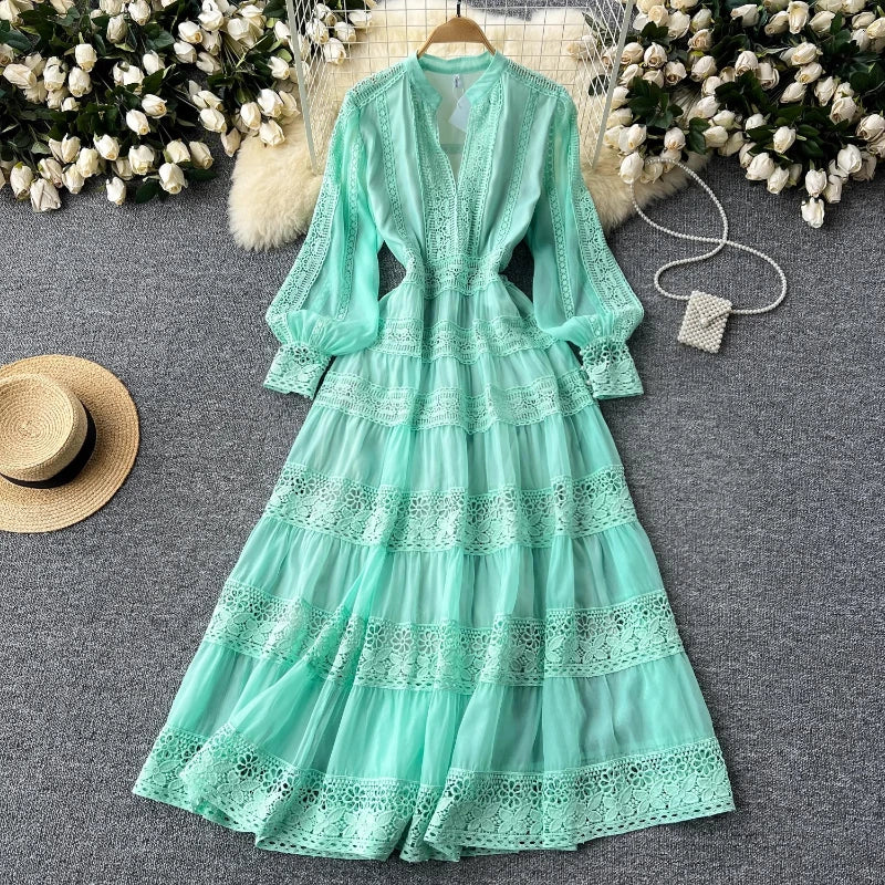 BXOXO Autumn Frence Elegant Embroidery Dress Women Chic Splice V Neck Long Sleeve Clothes New Aesthetic Evening Party Retro Dresses