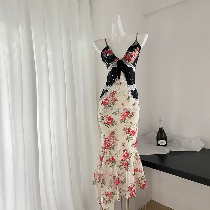BXOXO - summer inspo Women Floral Dresses French Style Retro Patchwork Design Dress Fashion Streetwear V-neck Fashion Suspender Dress Summer New