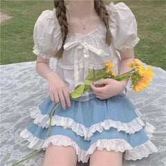 BXOXO Kawaii Lace Skirt Cute Hot Girl Clothing Summer Cake skirt Casual Loose Korea Blue 2000s Sweet Women Skirts Low-waist Y2k Skirts