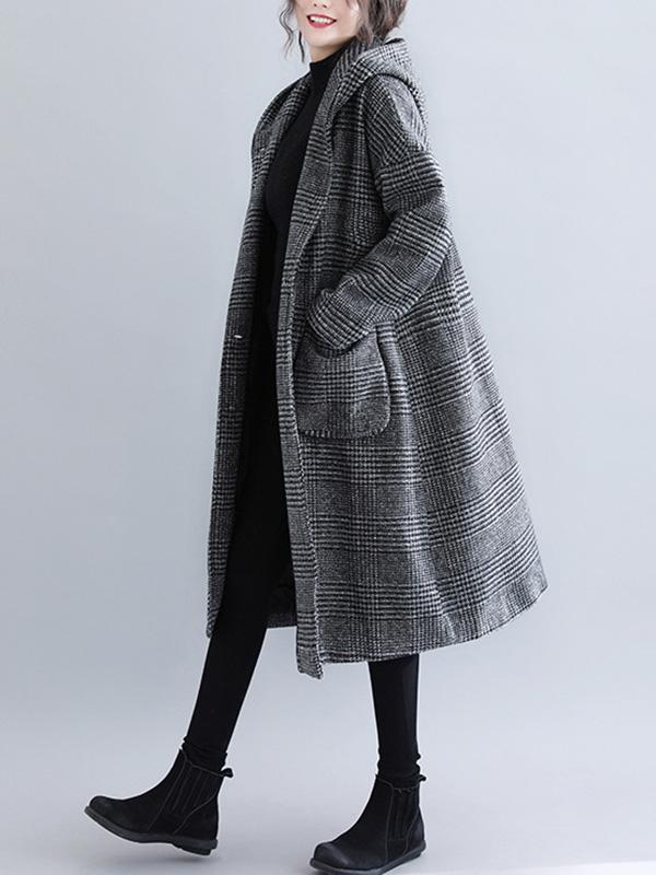 BXOXO Loose Plaid Woolen Hood Coat