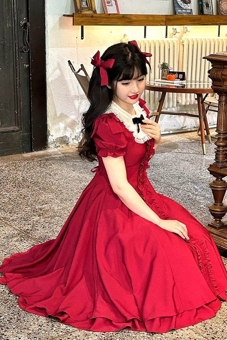 BXOXO Wine Red Annie's Gift Short Sleeves Bowknot Sweet Lolita Dress (Plus Size Support)