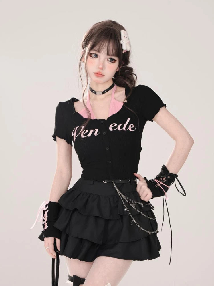 BXOXO Black Gothic Mini Skirts Women Punk Y2k Grunge Short Skirt Korean Harajuku Kawaii 2000s A-line Cake Skirts Aesthetic