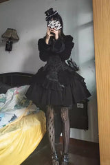 BXOXO Black Long Sleeves Jacquard Print Ruffle Classic Gothic Lolita Dress