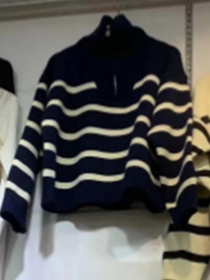 Stripe Splice Lapel Neck Half Zip Sweater
