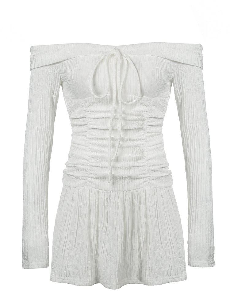BXOXO - summer inspo Korean Fashion Slash Neck Elegant Long Sleeve A Line White Dress Women Shirring Slim Waist Simple Sweet Japanese Clothing