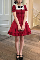 BXOXO - Wine Red Annie's Gift Short Sleeves Bowknot Short Version Sweet Lolita Dress (Plus Size Support)