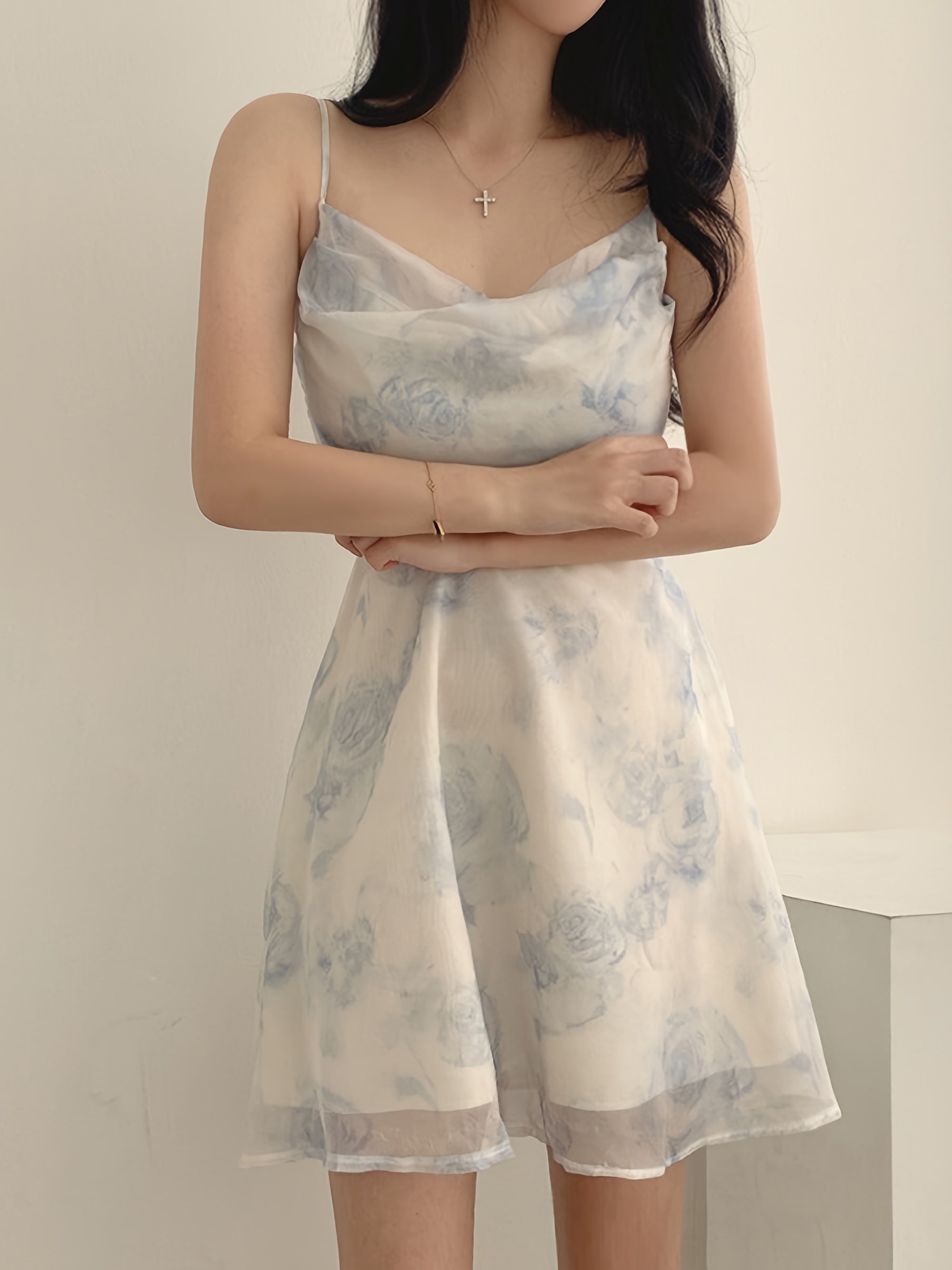 BXOXO [Elegant | Ink Wash] Elegant | A-Line Camisole Dress for Women | Ink Wash Painting Print Mesh Spliced Design, Featuring a Back with Adjustable Hollow Sexy Shoulder Straps