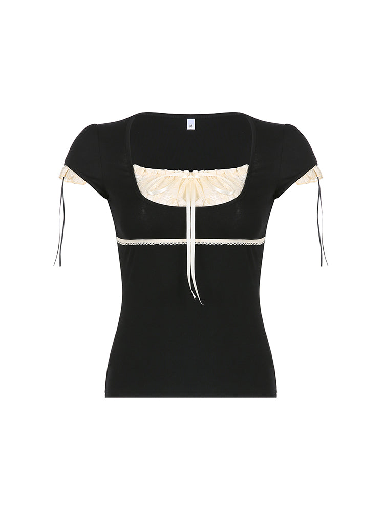 BXOXO - summer inspo Sweet Y2K Contrast Lace Patchwork Square Collar Black T-Shirt Women Short Sleeve Basic Balletcore Cute Summer Tops