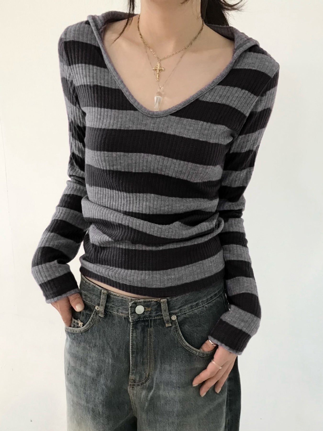 BXOXO - summer inspo Black Dark Gray Stripe Hooded T-Shirt Women V Neck Slim Long Sleeve Basic Spring Autumn Ribbed Top Preppy Streetwear Tee