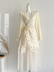BXOXO Spring French Retro Elegant Princess Dress Women Lace Straps Mesh Embroidery Spliced Long Dress Mori Girl Style Design Vestidos