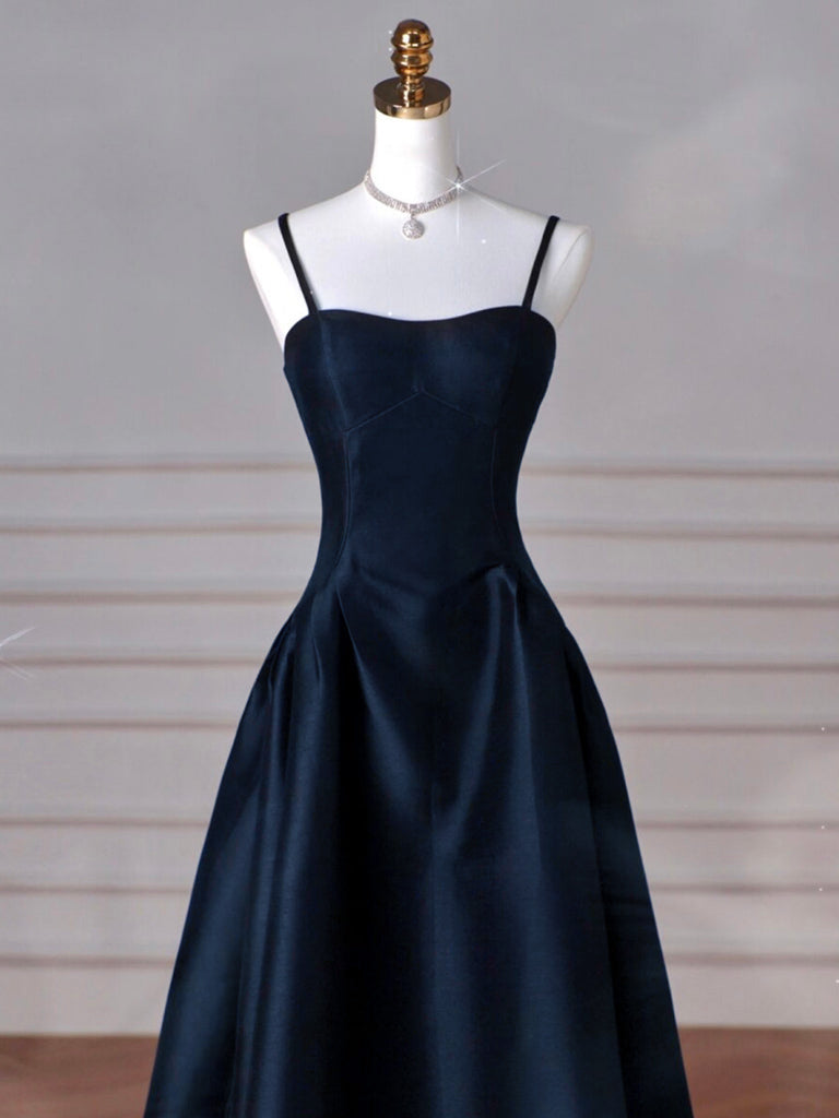 BXOXO Simple A-Line Dark Blue Satin Long Prom Dress, Dark Blue Long Formal Dress