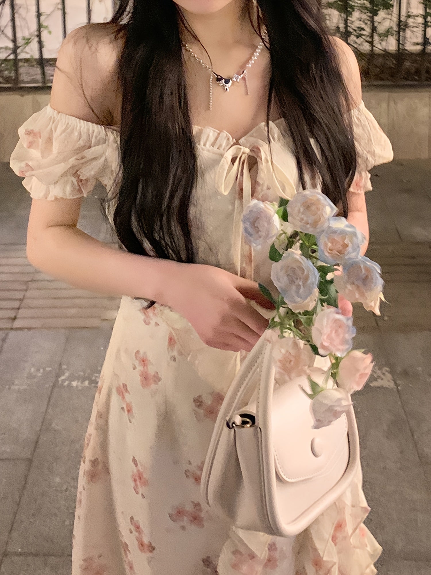BXOXO Elegant Off-Shoulder Floral Midi Dress for Women - Chic Ruffle Detail & High-Low Hem, Lightweight Polyester, Perfect for Spring/Summer, Casual Wear|Asymmetrical Hemline|Glossy Texture