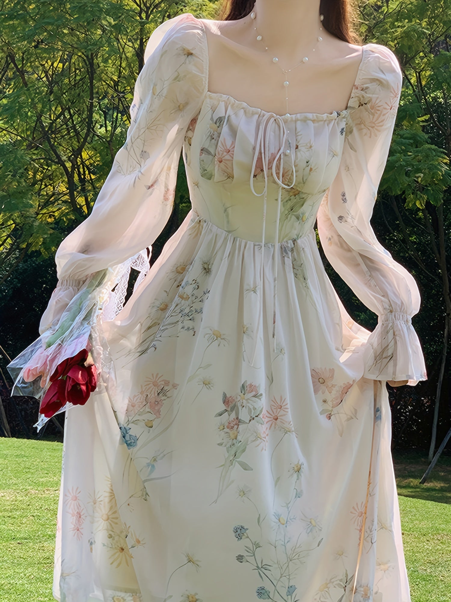 BXOXO Women's Floral Print Square Neck Chiffon Dress with Long Bell Sleeves - Mid-Length H-Line Silhouette, Smocked Detailing & Flowy Umbrella Hem for Casual to Formal Occasions, Floral Print Dress