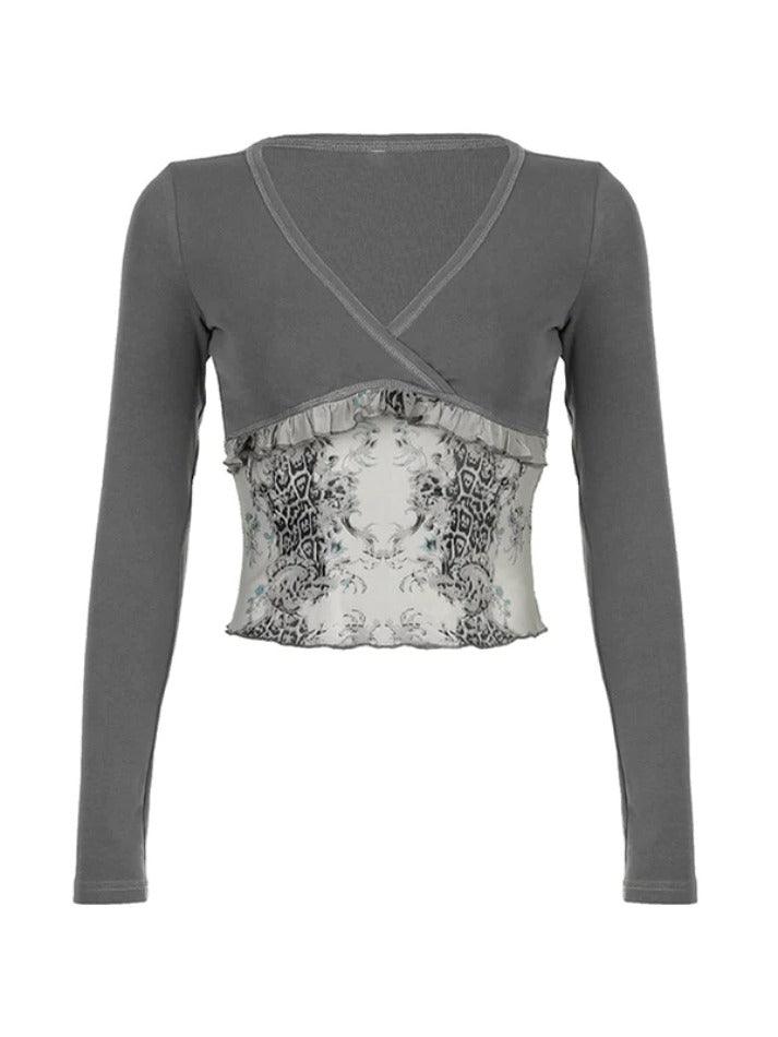 Vintage Print Splice V Neck Long Sleeve Tee