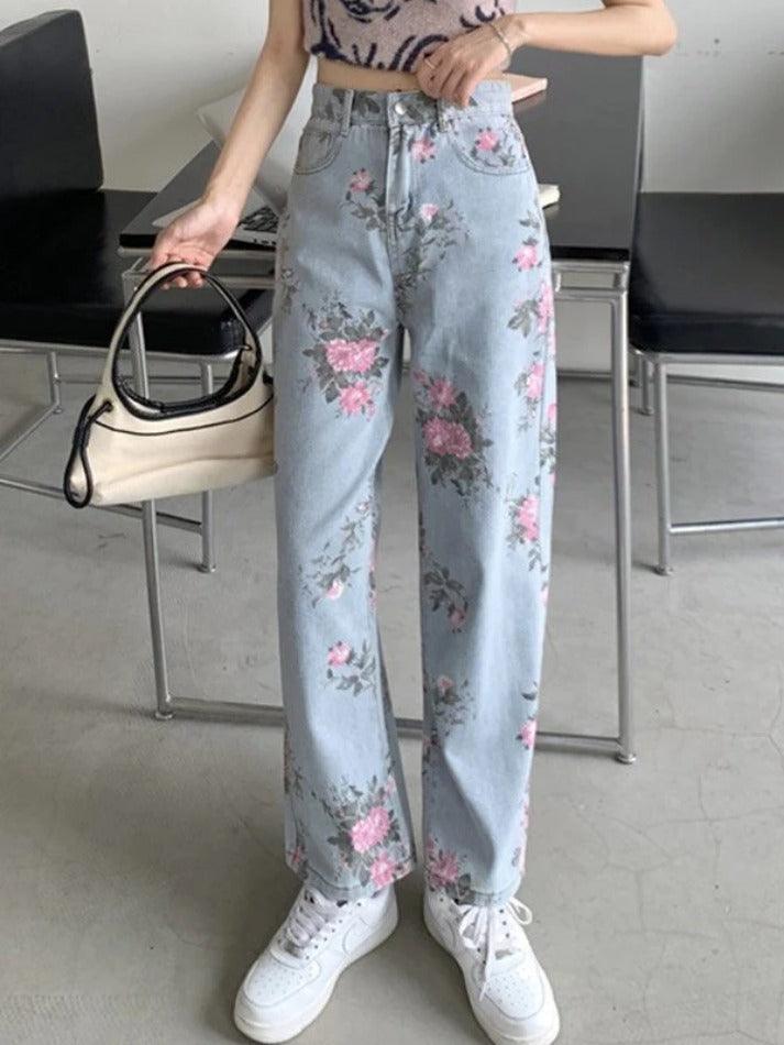 Washed Floral Print Boyfriend Jeans