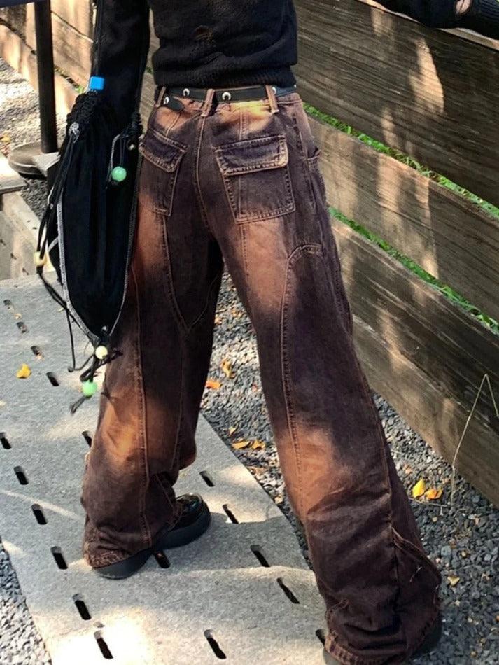 Vintage Distressed Zipper Buckle Splice Boyfriend Jeans