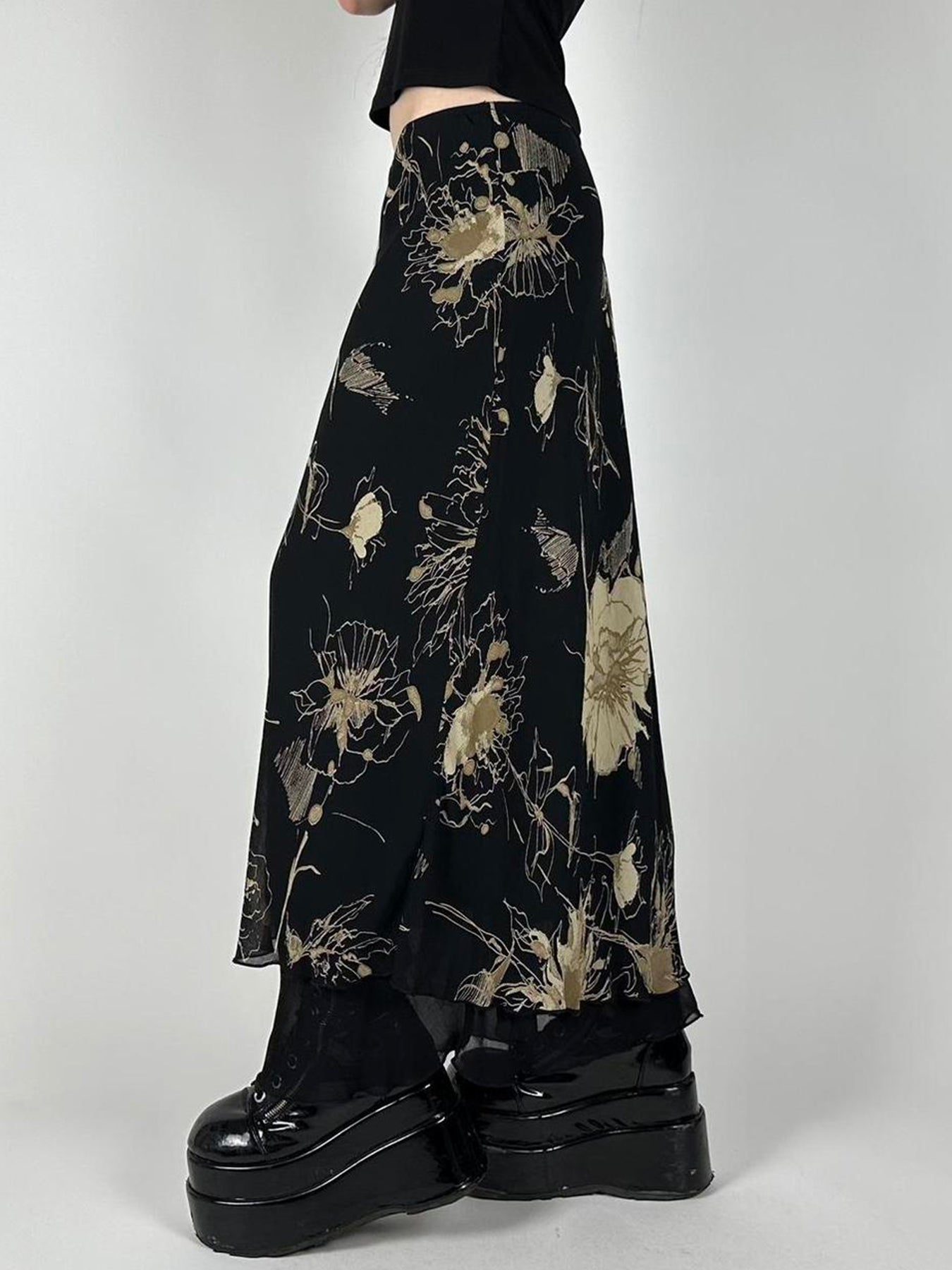 BXOXO - summer inspo Floral Print Two Layers Mesh Long Skirts For Women Vintage Elagant Fashion Low Waist Y2K Mermaid Skirt Vacation