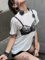 BXOXO - summer inspo Sweetown Black Lace Bra Print White Graphic T-Shirt Fashion Woman Blouse Tees O Neck Short Sleeve Casual Street Sweats Tops