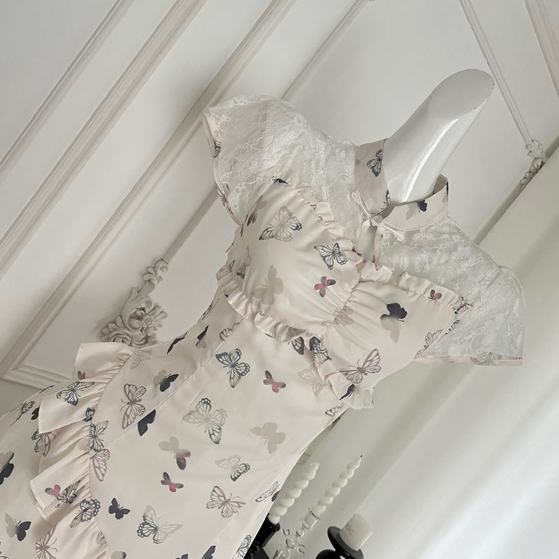 BXOXO - summer inspo Summer 2025 New Chinese Style Short-Sleeved Dress Fashionable Slimming Lace Stitching Mini Dresses