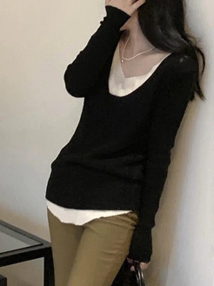 V Neck Fake Two Piece Splice Long Sleeve Knit