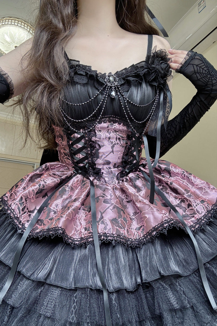 BXOXO - Black/Pink Ancient Dream of the Dark Night Print Ruffle Gothic Lolita Jsk Dress