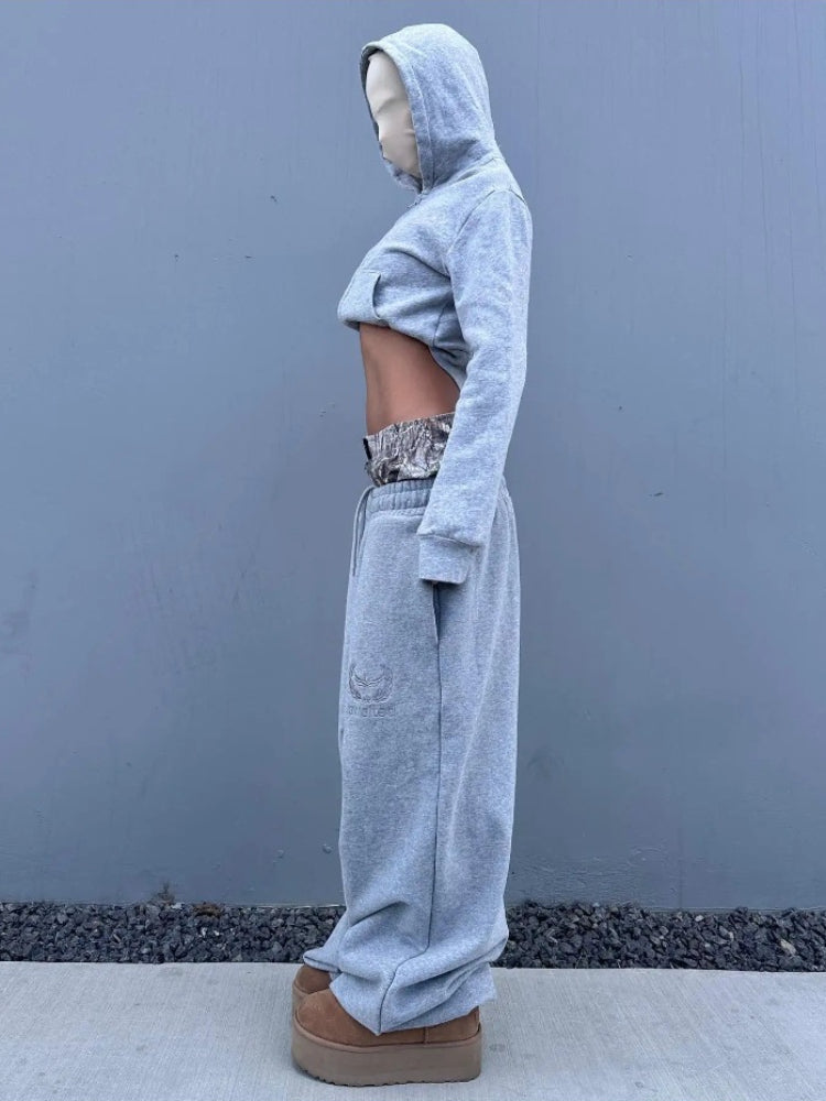 BXOXO Y2K Retro Sweatpants Double Waisted Embroidered Camouflage Pattern Wide Leg Pants Casual Streetwear Unisex Baggy Pants