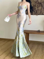 BXOXO party look inspos Fashion New Women Summer Bodycon Slim Long Dress Sleeveless Casual Floral Vintage Fishtail Vestidos Female Party Clothes Robe