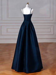 BXOXO Simple A-Line Dark Blue Satin Long Prom Dress, Dark Blue Long Formal Dress