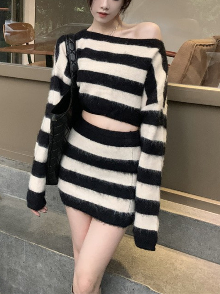 BXOXO party look inspos Striped Knitted Suits Women Casual 2 Piece Dress Set Female Y2k Clothing Korean Fashion Sweater Dress Office Lady 2025 Autumn