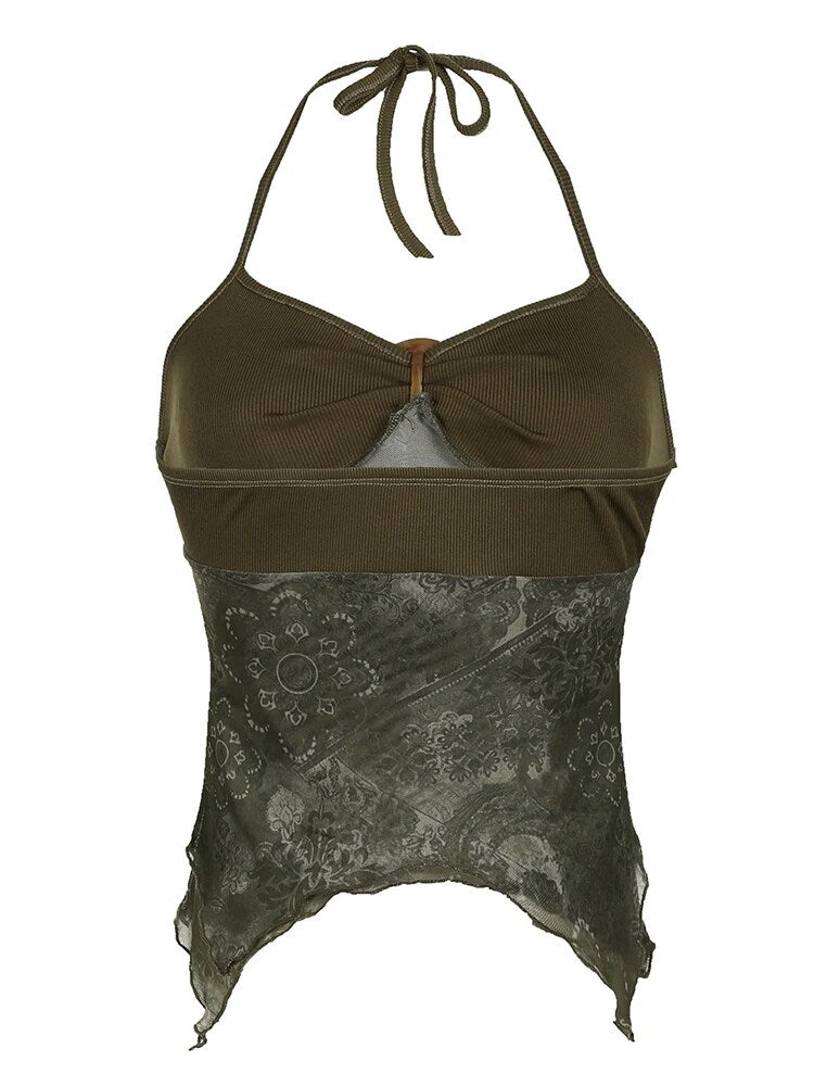 BXOXO - summer inspo Sweetown Retro Forest Green Vintage Print Boho Y2K Camisole Backless Halter Tie Asymmetrical Tops Women Summer Vacation Clothing
