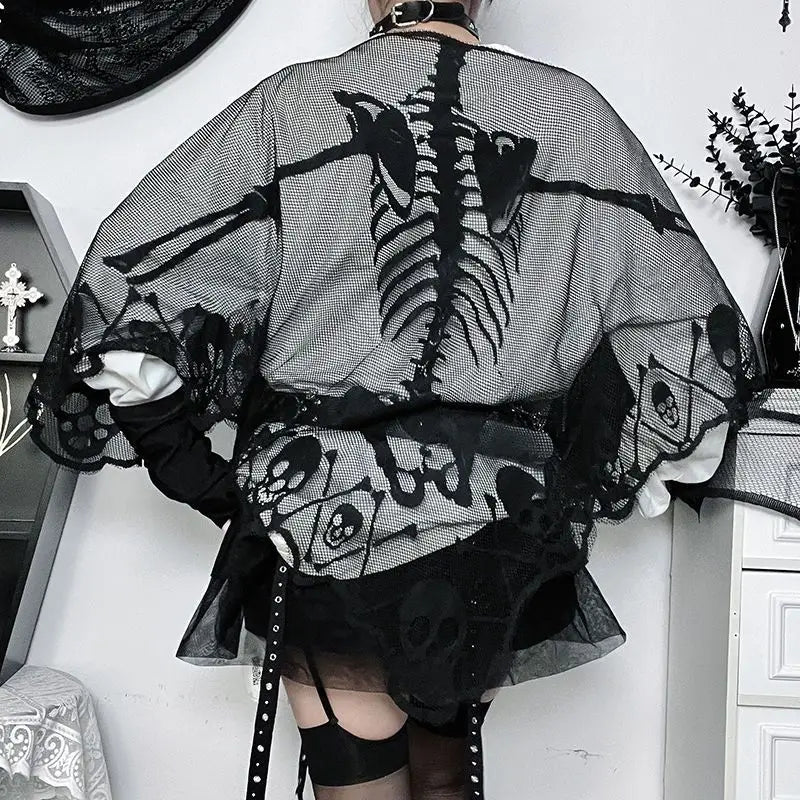 BXOXO Skulls Streetwear Punk Loose Mesh Tops Gothic Girl Emo T shirts Casual Hip Hop Dark Grunge Vintage Clothes 90S Aesthetic Y2k Tee