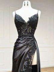 BXOXO Black V Neck Satin Lace Long Prom Dress, Black Lace Long Evening Dress