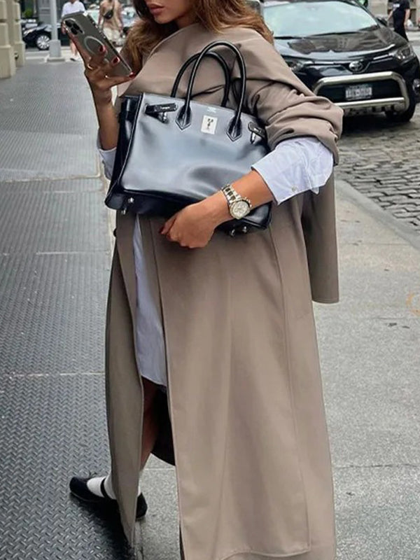 BXOXO Long Sleeves Loose Buttoned Pockets Solid Color Split-Joint Notched Collar Outerwear Trench Coats