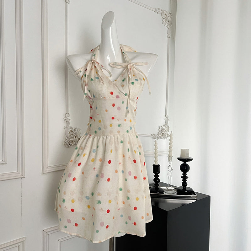 BXOXO - summer inspo Elegant Polka Dot Short Dress Women V-neck Backless Sleeveless Halter Dress Fashion High Waist A-line Mini Dress