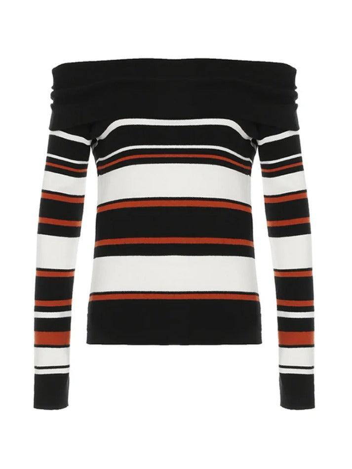 BXOXO - Off Shoulder Striped Print Sweaters