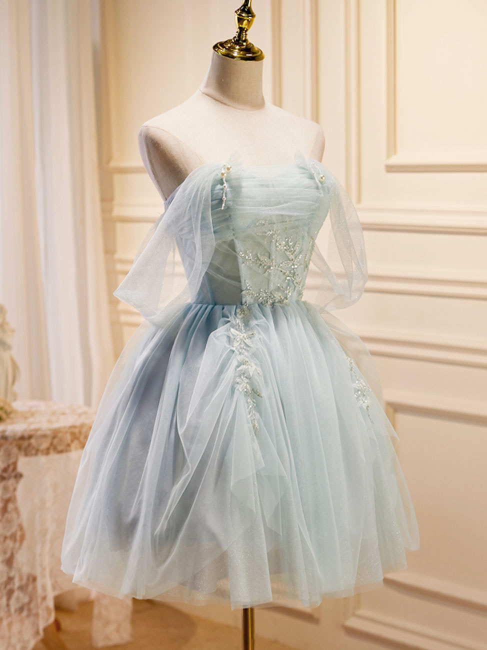 BXOXO Puffy Tulle Off Shoulder Green Short Prom Dress, Green Homecoming Dresses