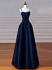 BXOXO Simple A-Line Dark Blue Satin Long Prom Dress, Dark Blue Long Formal Dress