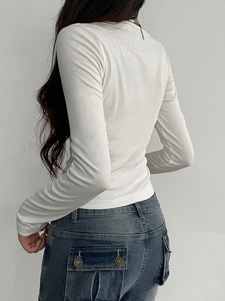 BXOXO - summer inspo Ruched Tie Lace Trim Square Collar Slim Long Sleeve White Y2K T Shirt Women Cute Japanese Kawaii Clothing