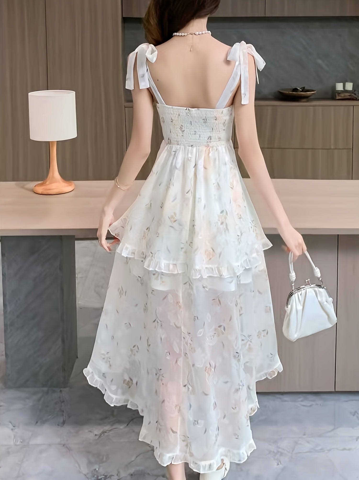 BXOXO [Polyester Off-Shoulder Dress] Sleeveless Polyester Elegant French Floral Jacquard Off-Shoulder Dress - Chic Asymmetrical Ruffle Hem, Casual Elegance, Machine Washable for Spring/Summer