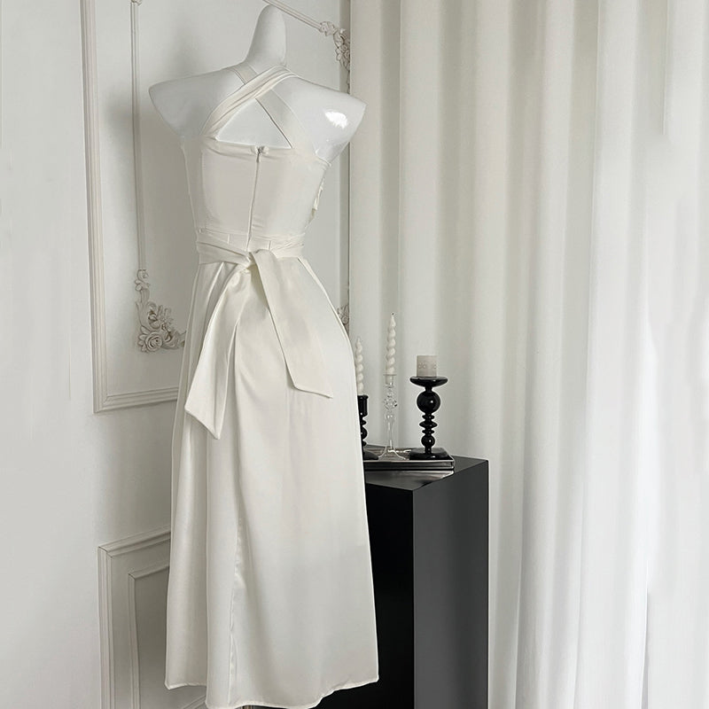 BXOXO - summer inspo Summer Sleeveless Halter Long White Maxi Dress Elegant Tight Waist Beach Dress Robes Fashion Evening Dresses