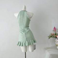 BXOXO - summer inspo Elegant French Small Fragrant Halter Dress Summer Patchwork Bow Sleeveless Slim Dress Girl Sweet Fashion A-Line Mini Dress