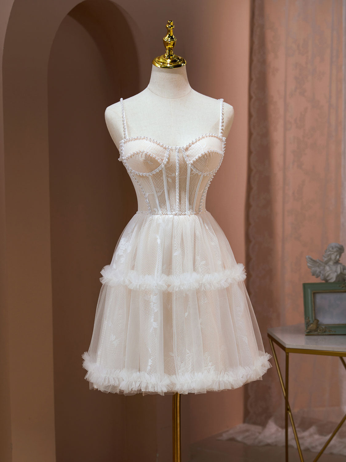 BXOXO Cute Tulle Light Champagne Short Prom Dress, Lace Homecoming Dress