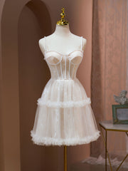 BXOXO Cute Tulle Light Champagne Short Prom Dress, Lace Homecoming Dress
