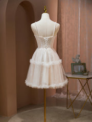 BXOXO Cute Tulle Light Champagne Short Prom Dress, Lace Homecoming Dress