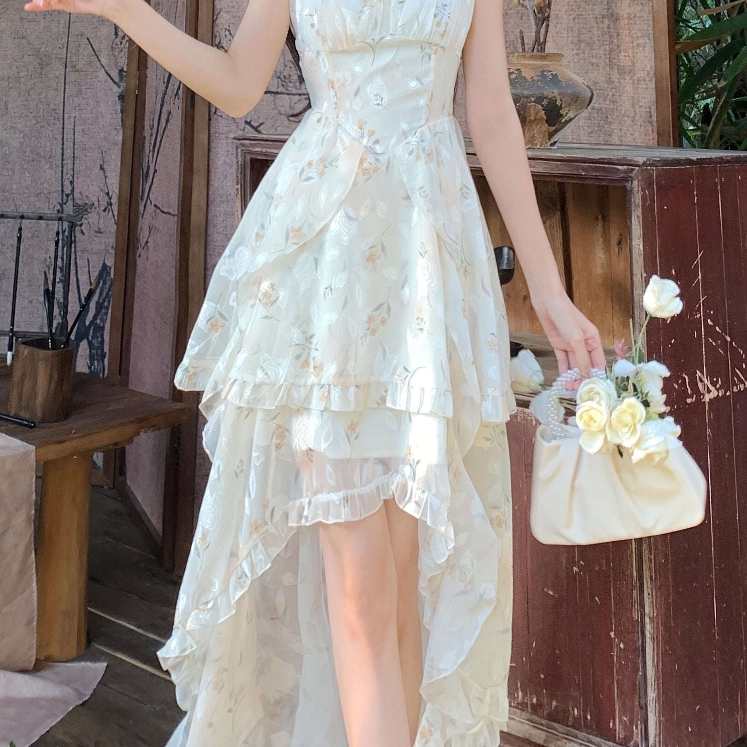 BXOXO [Polyester Off-Shoulder Dress] Sleeveless Polyester Elegant French Floral Jacquard Off-Shoulder Dress - Chic Asymmetrical Ruffle Hem, Casual Elegance, Machine Washable for Spring/Summer