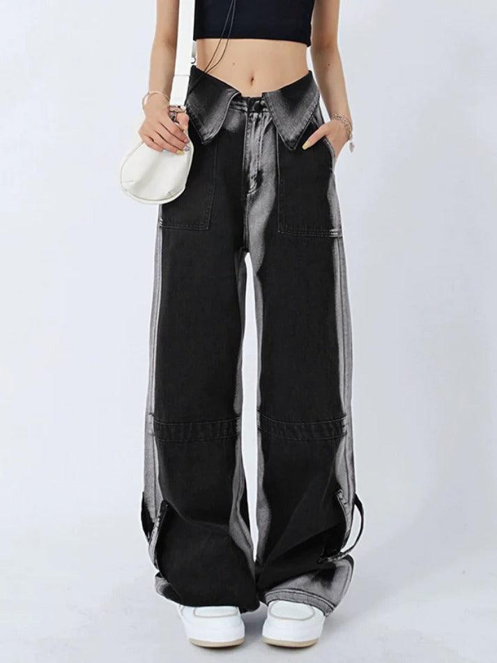 Vintage Wash Turned Waist Boyfriend Jeans